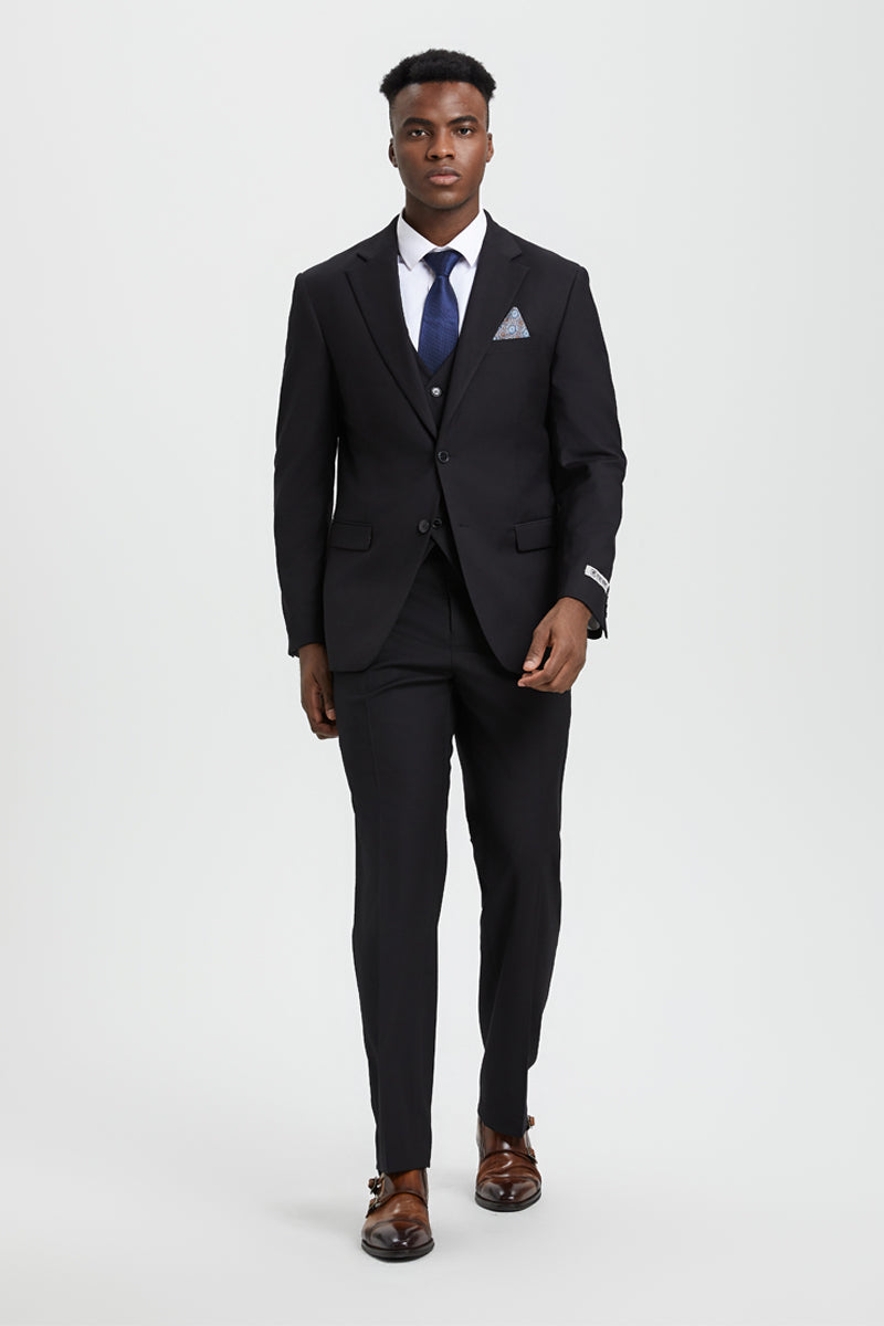 "Mens Stacy Adams Suit - Stacy Adams Suit Men's Designer Two Button Vested Basic Suit - Black" - 34 Regular