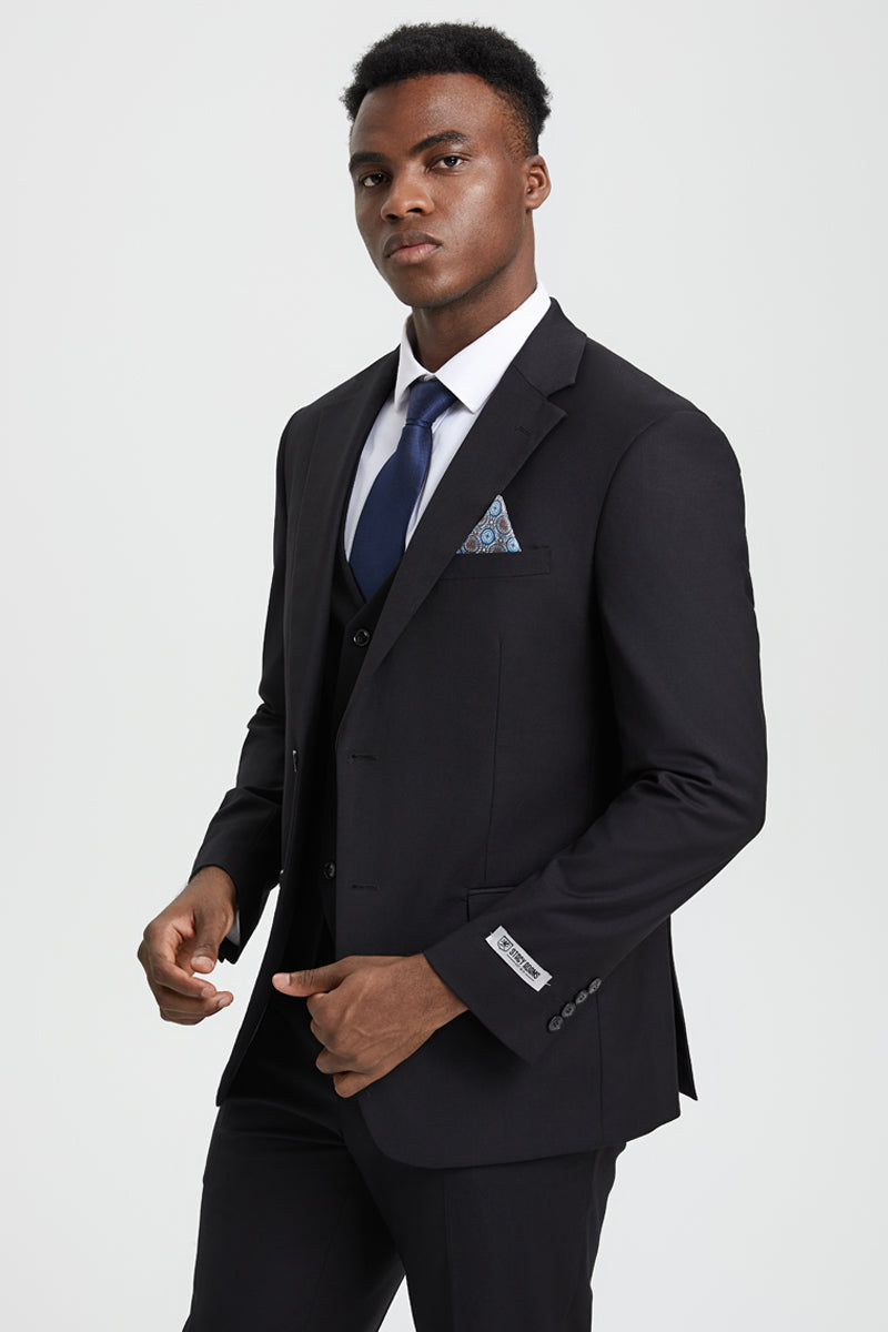"Mens Stacy Adams Suit - Stacy Adams Suit Men's Designer Two Button Vested Basic Suit - Black" - 34 Regular