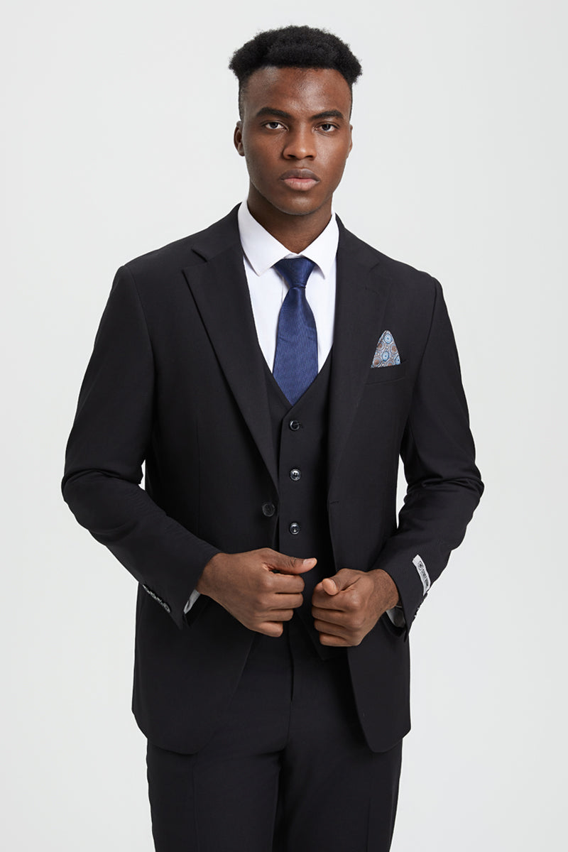 "Mens Stacy Adams Suit - Stacy Adams Suit Men's Designer Two Button Vested Basic Suit - Black" - 34 Regular