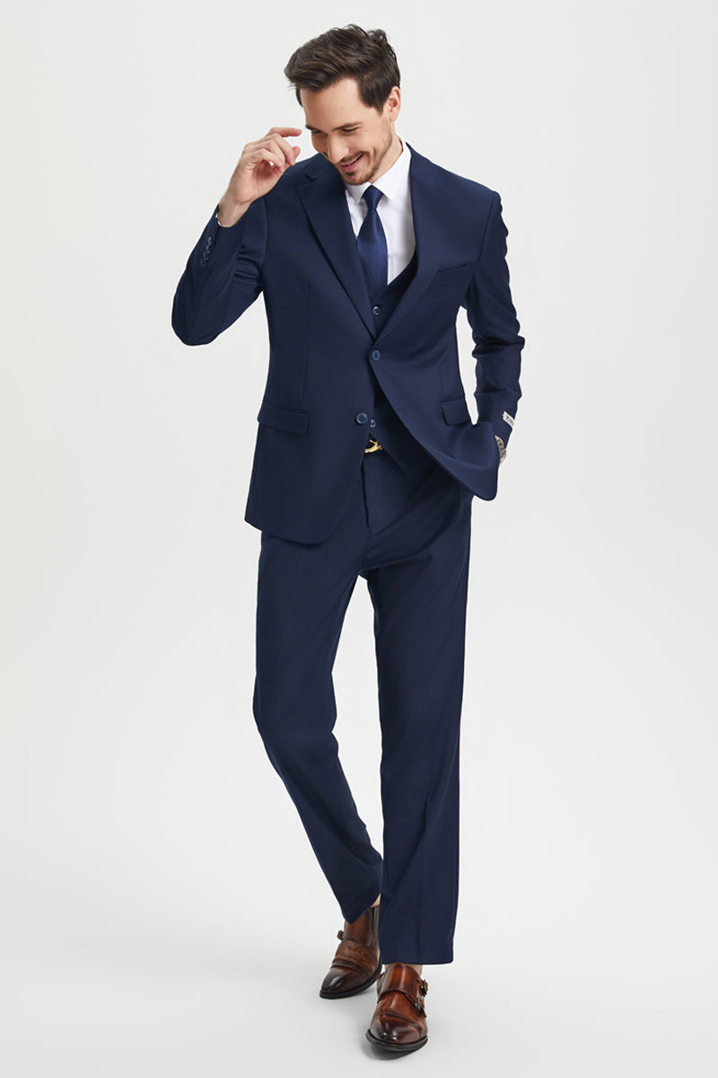 "Mens Stacy Adams Suit - Stacy Adams Suit Men's Two Button Vested Designer Suit - Navy Blue" - 34 Regular