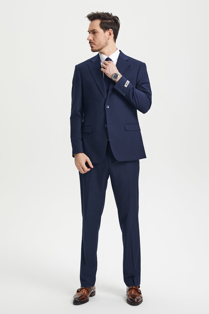 "Mens Stacy Adams Suit - Stacy Adams Suit Men's Two Button Vested Designer Suit - Navy Blue" - 34 Regular