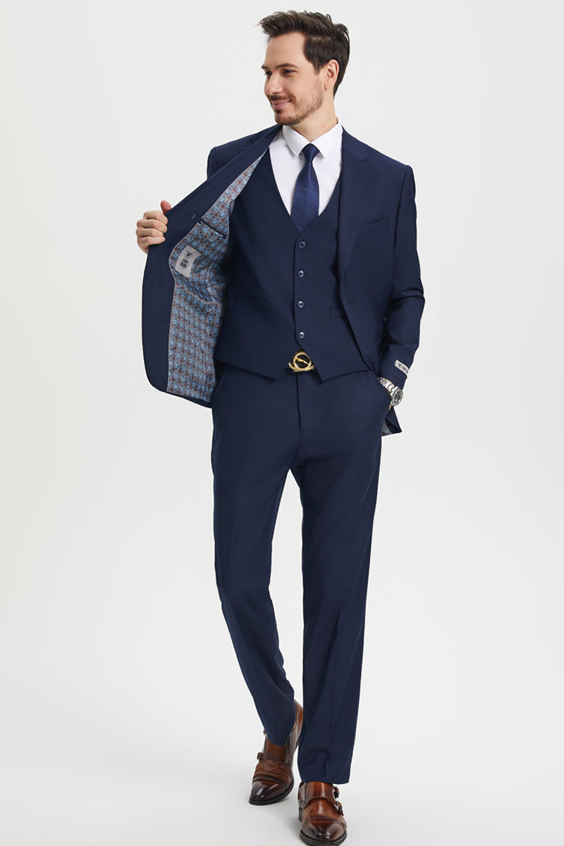 "Mens Stacy Adams Suit - Stacy Adams Suit Men's Two Button Vested Designer Suit - Navy Blue" - 34 Regular