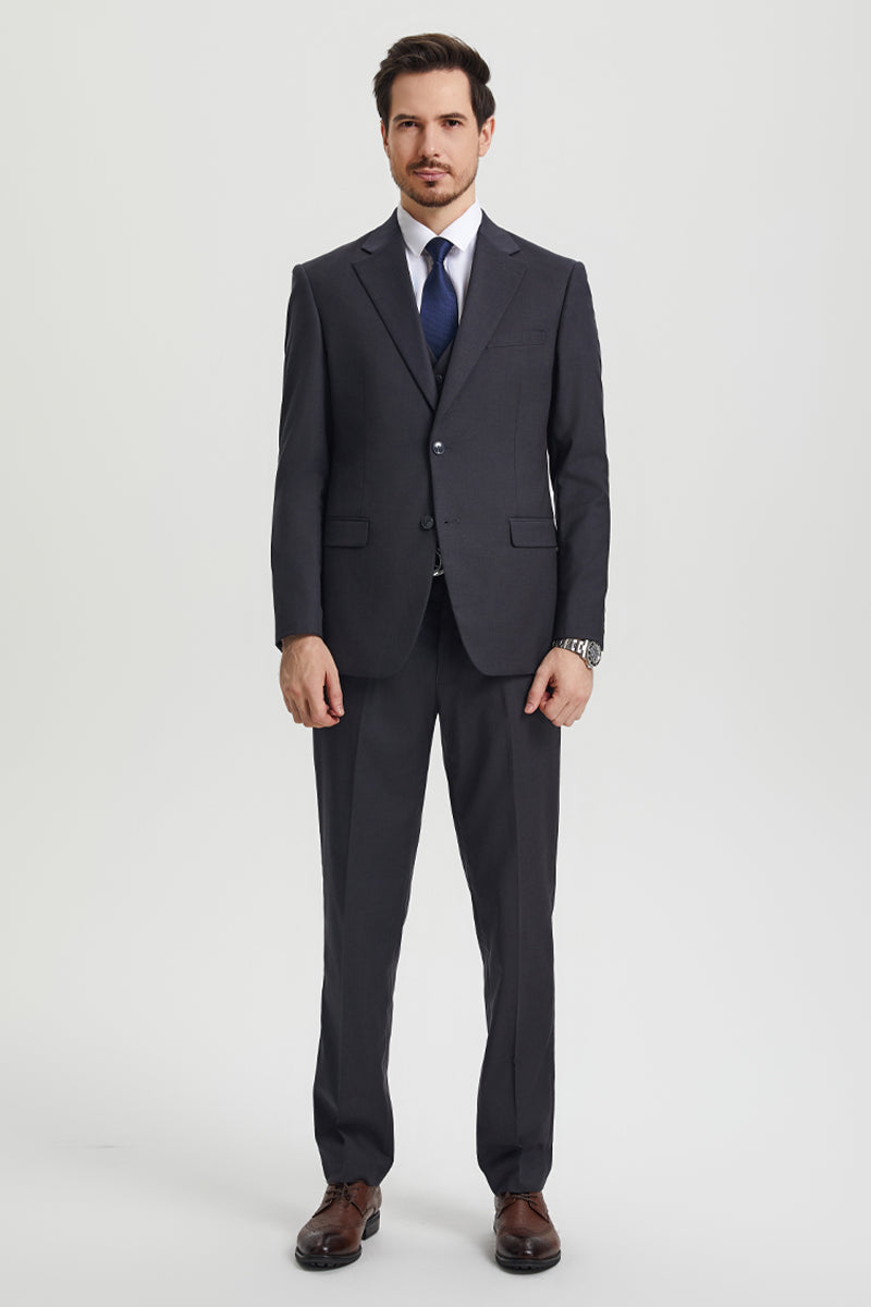 "Mens Stacy Adams Suit - Stacy Adams Suit Men's Designer Suit - Two Button Vested in Charcoal Grey" - 34 Regular
