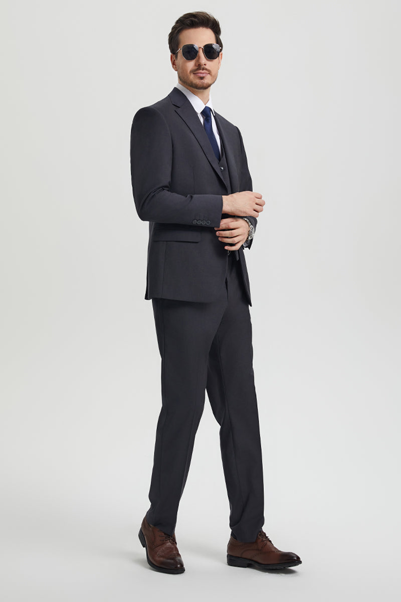 "Mens Stacy Adams Suit - Stacy Adams Suit Men's Designer Suit - Two Button Vested in Charcoal Grey" - 34 Regular
