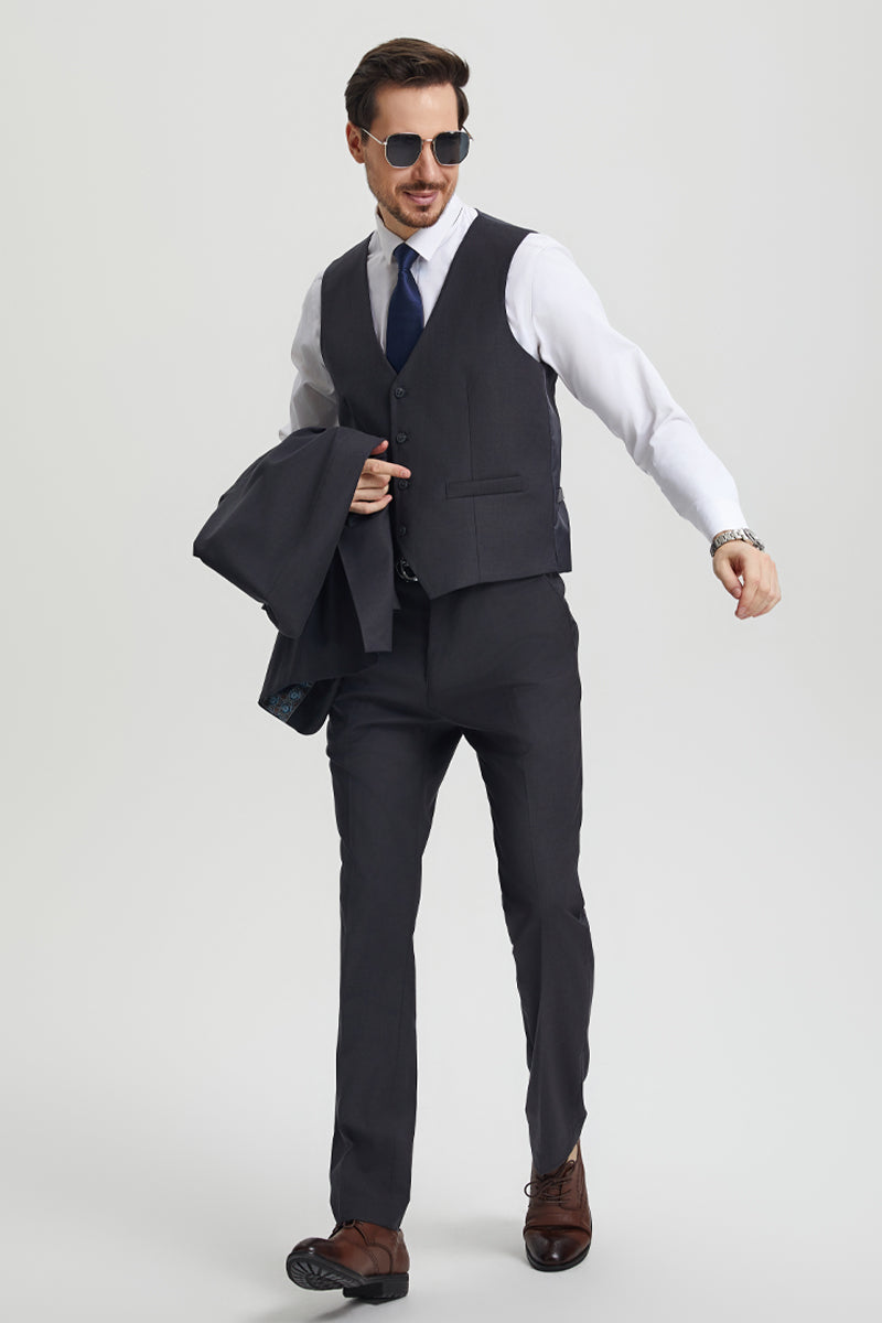 "Mens Stacy Adams Suit - Stacy Adams Suit Men's Designer Suit - Two Button Vested in Charcoal Grey" - 34 Regular