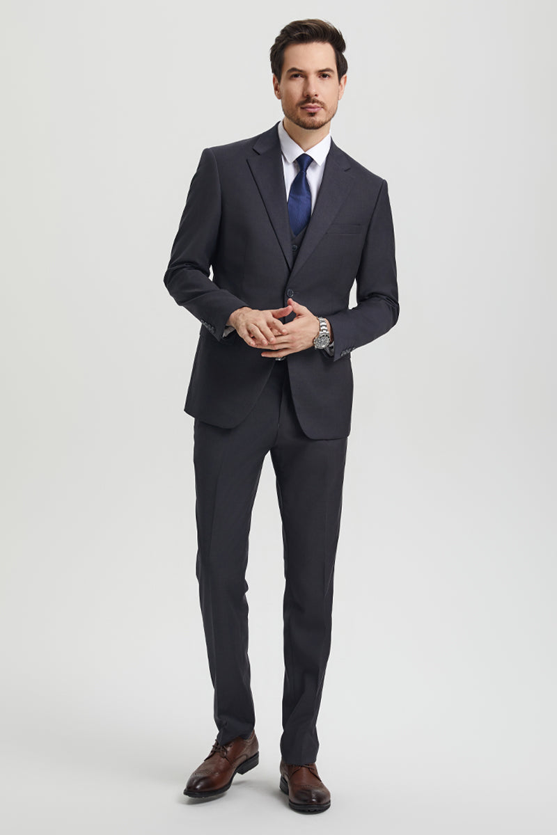 "Mens Stacy Adams Suit - Stacy Adams Suit Men's Designer Suit - Two Button Vested in Charcoal Grey" - 34 Regular