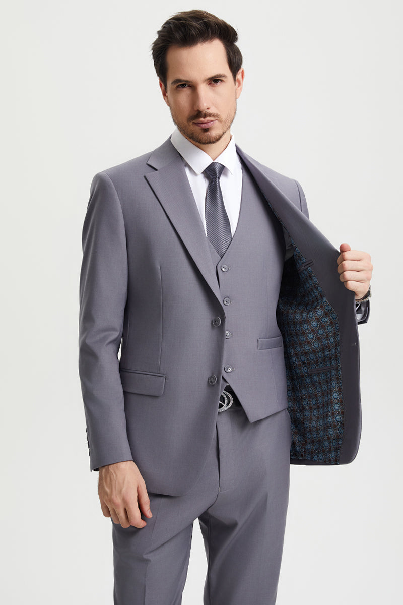 "Mens Stacy Adams Suit - Stacy Adams Suit Men's Two Button Vested Designer Suit - Medium Grey" - 34 Regular