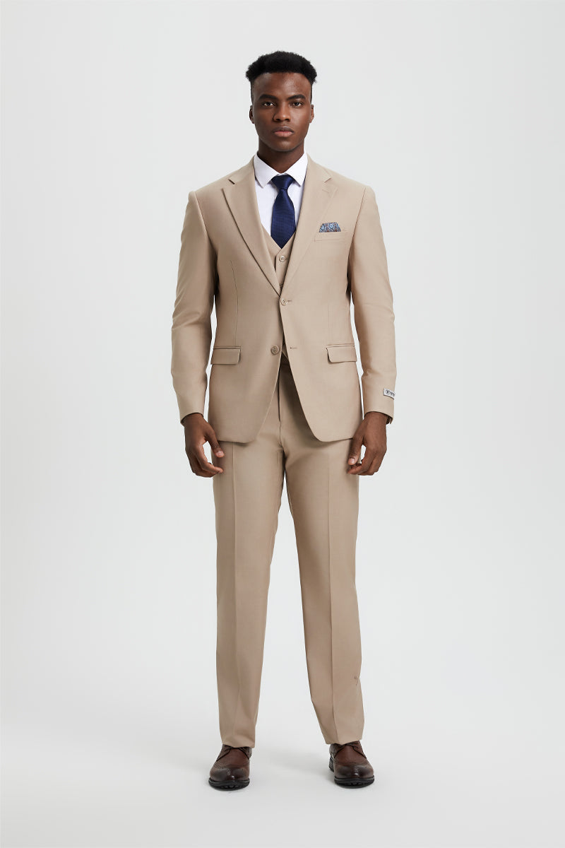 "Mens Stacy Adams Suit - Stacy Adams Suit Men's Designer Two Button Vested Suit in Tan" - 34 Regular