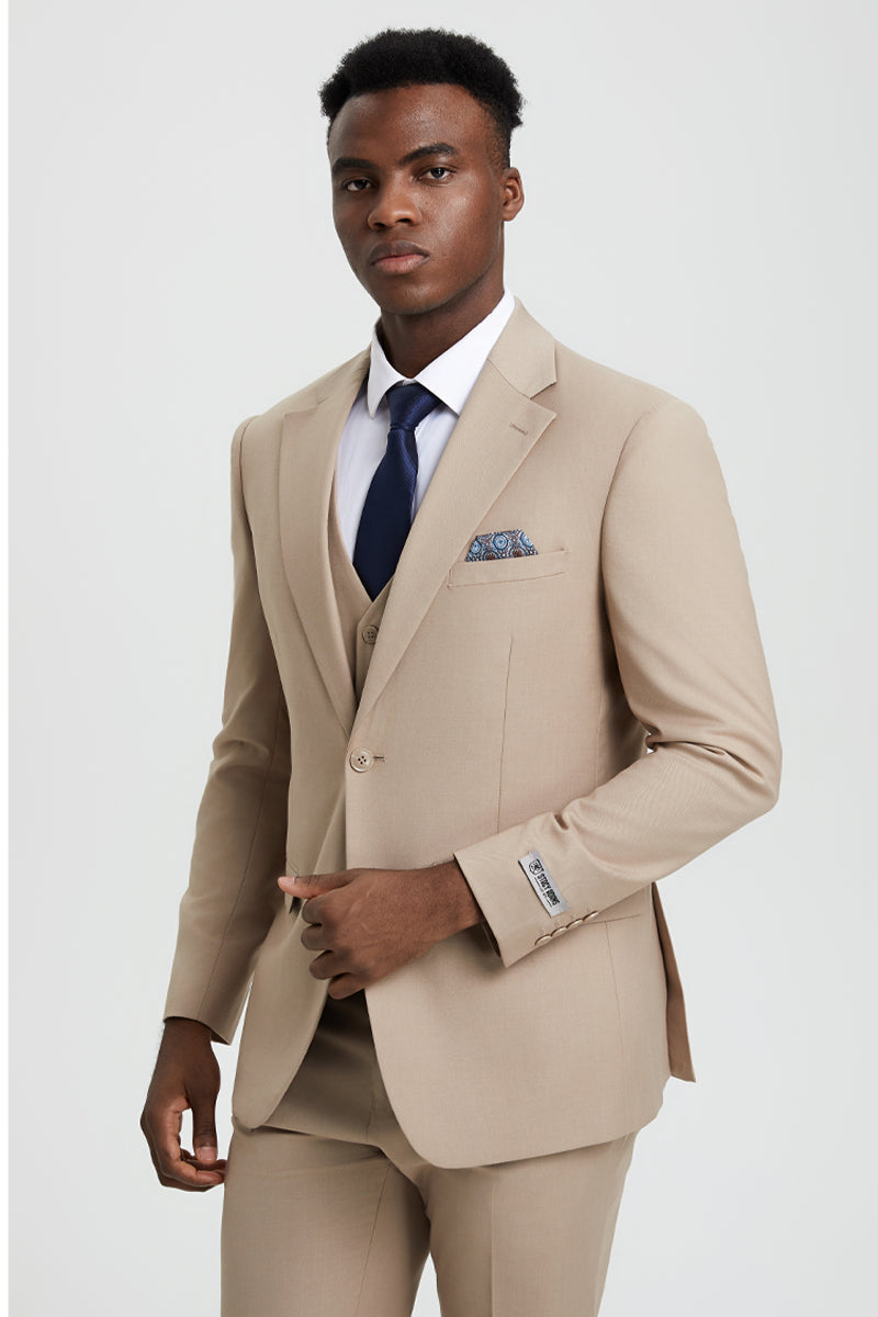 Men's Two Button Vested Stacy Adams Designer Sharkskin Suit in Light Mustard