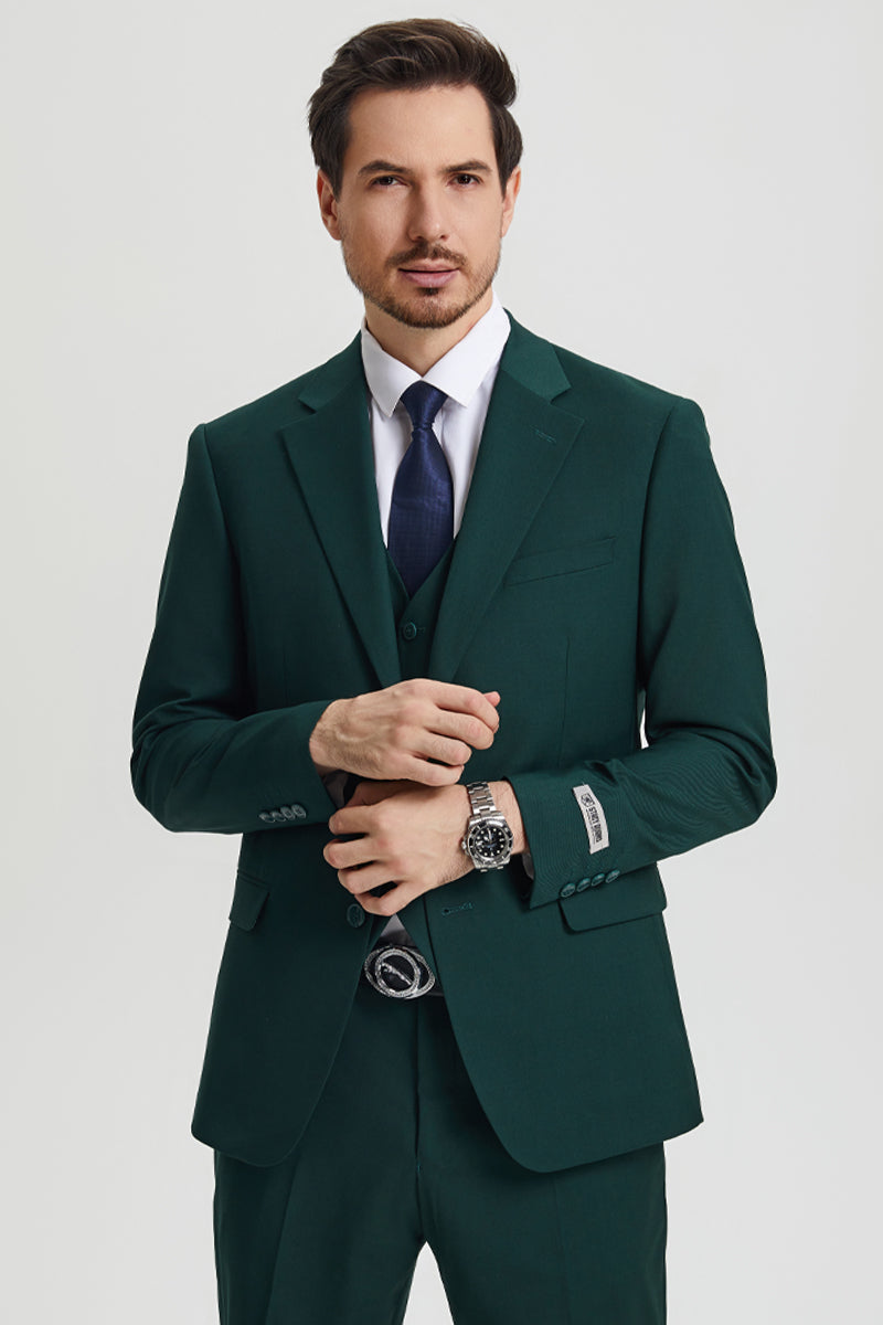 34 Men's Two Button Vested Stacy Adams Basic Designer Suit in Hunter Green