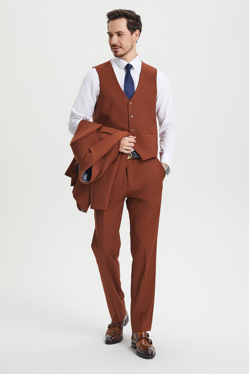 Men's Two Button Vested Stacy Adams Basic Designer Suit in Brown Rust