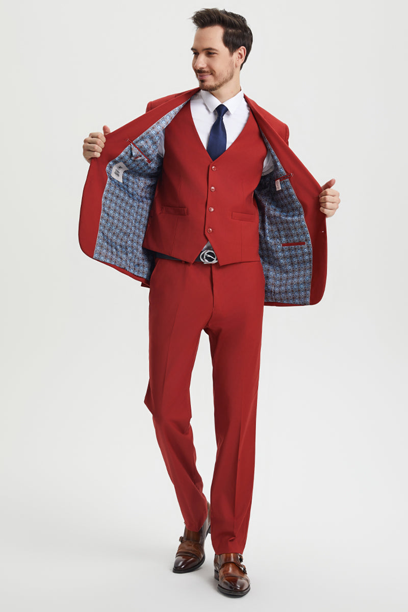"Mens Stacy Adams Suit -Stacy Adams Suit Men's Designer Two Button Vested Suit in Brick" - 34 Regular