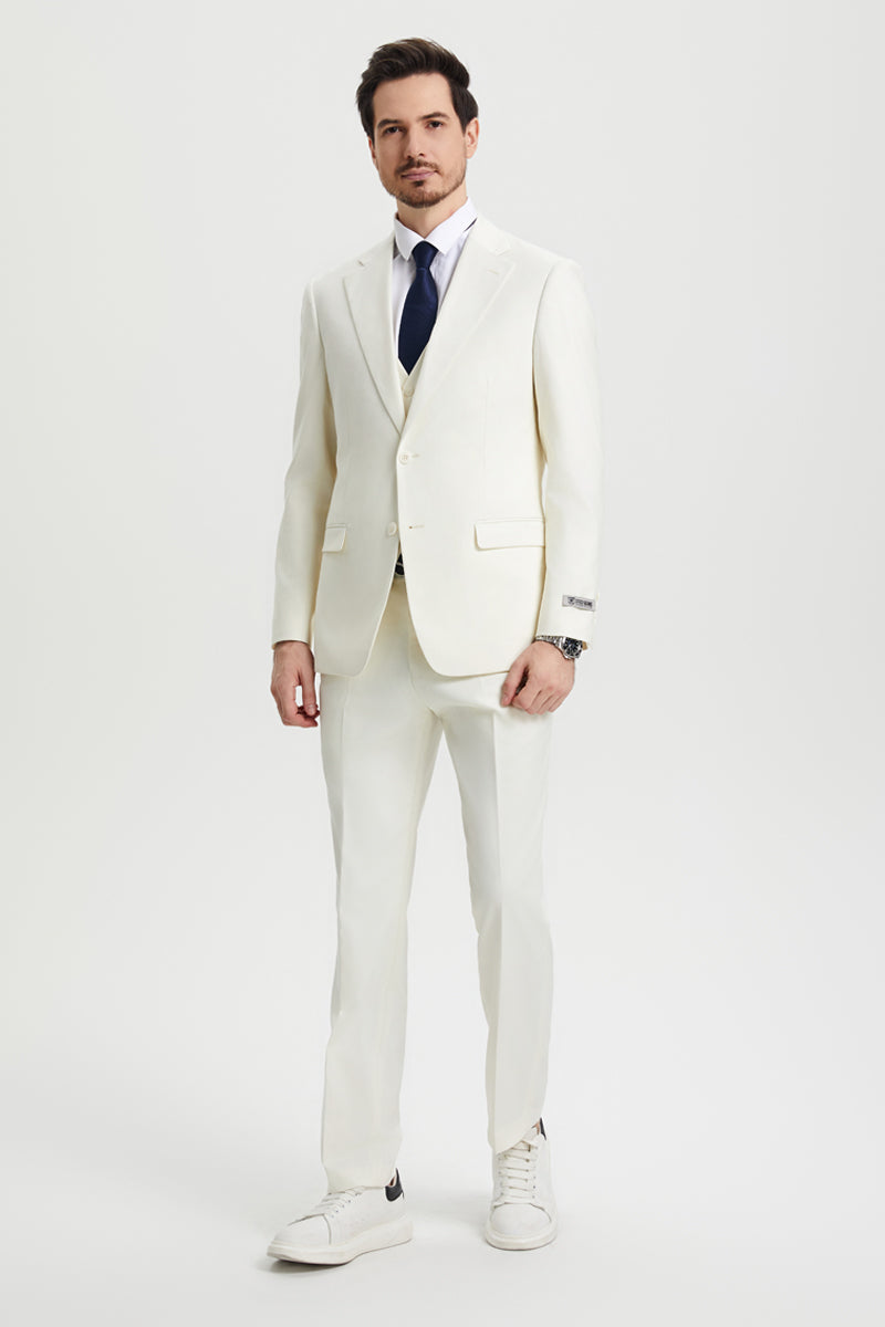 "Mens Stacy Adams Suit - Stacy Adams Suit Men's Ivory Two Button Vested Designer Suit" off white - 34 Regular