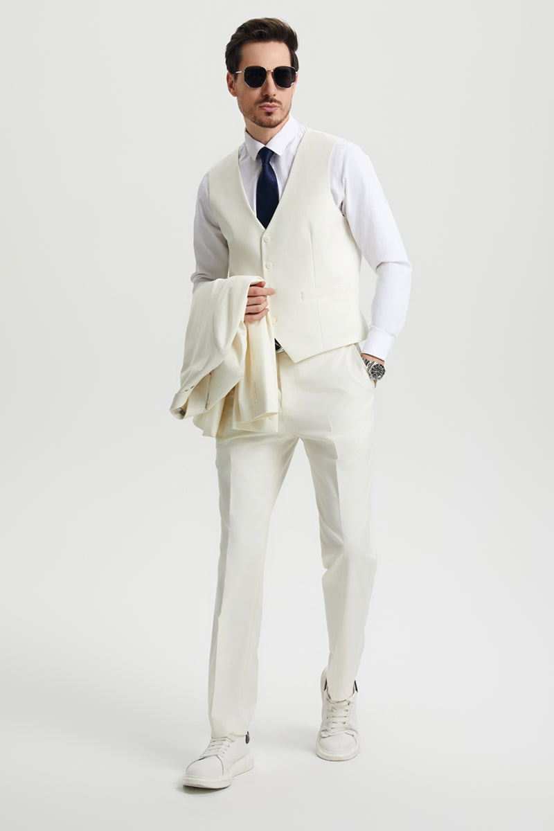 "Mens Stacy Adams Suit - Stacy Adams Suit Men's Ivory Two Button Vested Designer Suit" off white - 34 Regular