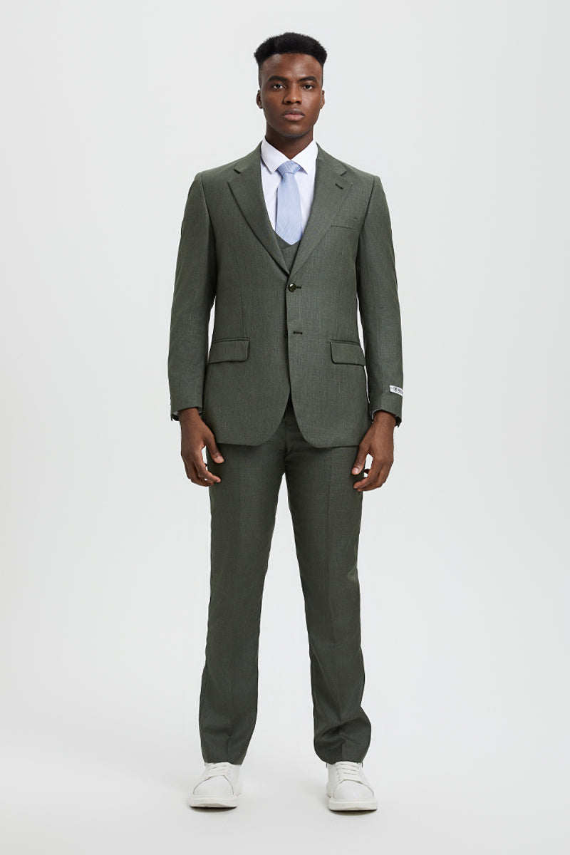 "Mens Stacy Adams Suit - Stacy Adams Suit Men's Sharkskin Suit - Olive Green, Two Button Vested Design" - 34 Regular