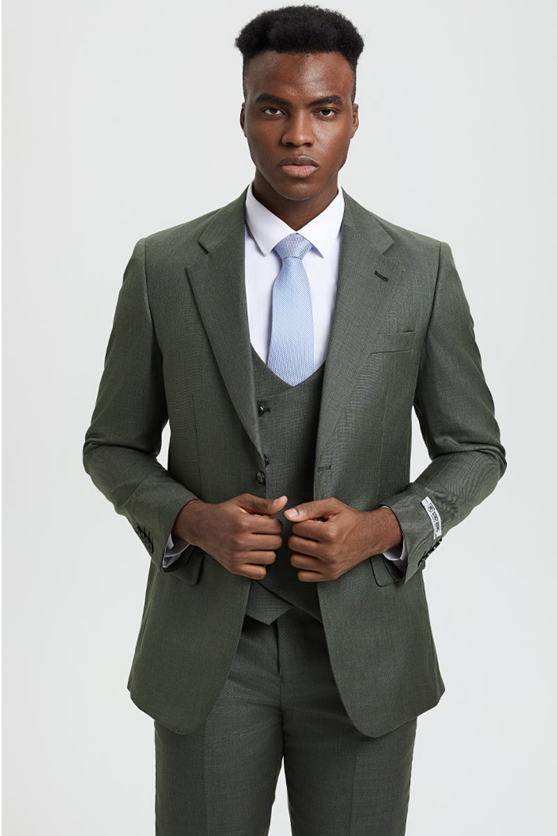 "Mens Stacy Adams Suit - Stacy Adams  Suit Men's Sharkskin Suit - Olive Green, Two Button Vested Design" - 34 Regular
