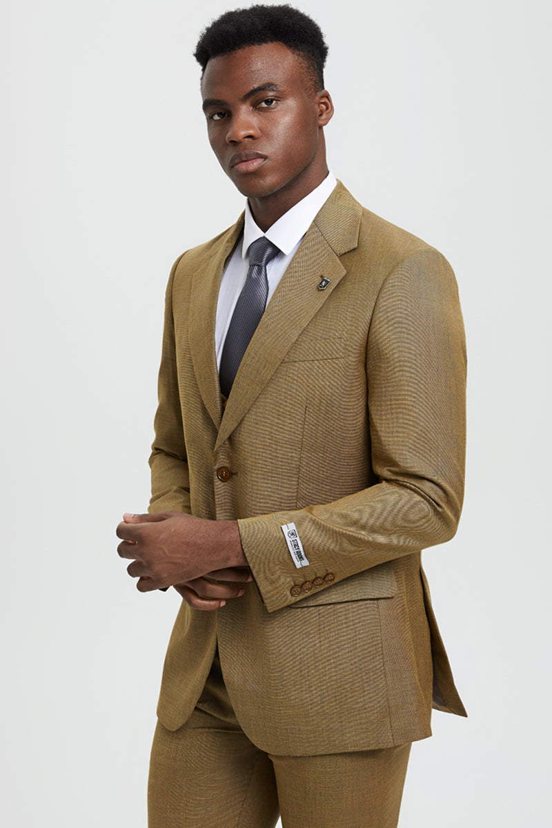 "Stacy Adams Men's Sharkskin Suit - Two Button Vested in Light Mustard"