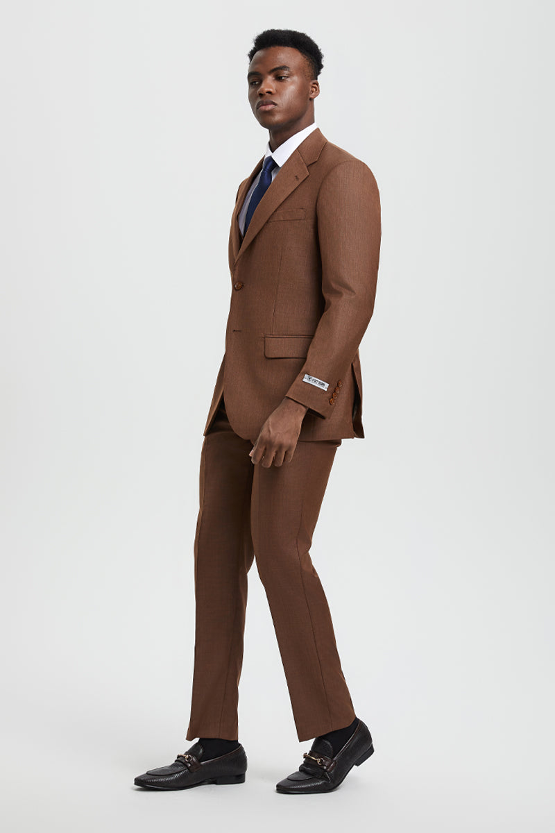 "Mens Stacy Adams Suit - Stacy Adams Suit Men's Sharkskin Suit - Two Button Vested in Cognac" - 34 Regular