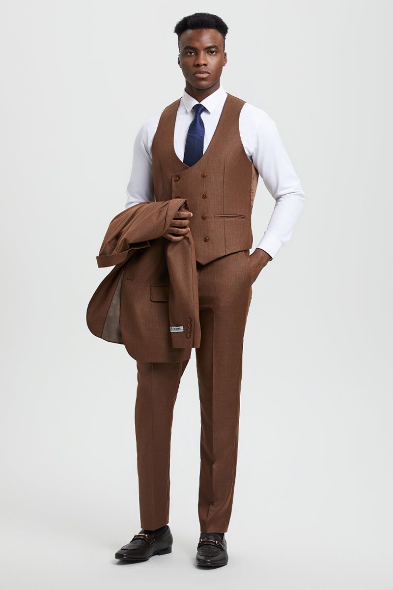 "Mens Stacy Adams Suit - Stacy Adams Suit Men's Sharkskin Suit - Two Button Vested in Cognac" - 34 Regular
