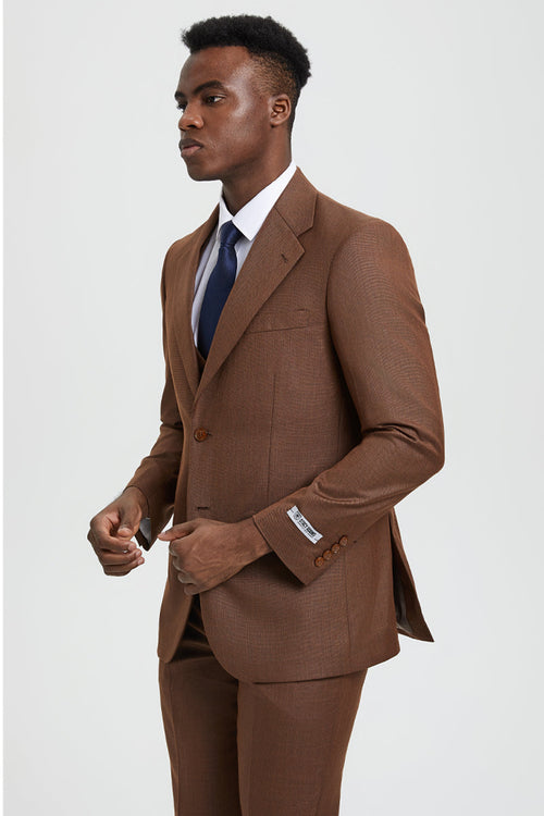 Men's Two Button Vested Stacy Adams Designer Sharkskin Suit in Cognac