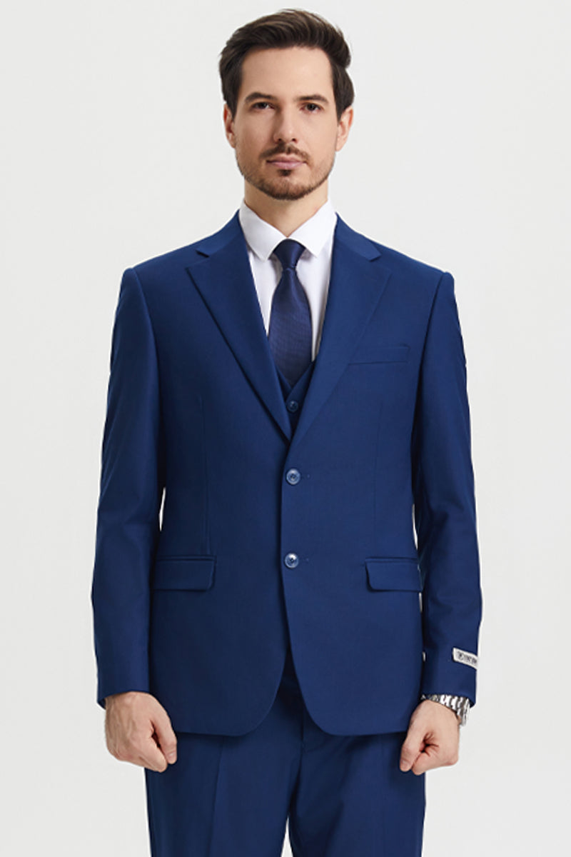 "Mens Stacy Adams Suit - Stacy Adams Suit Men's Two Button Vested Designer Suit in Indigo Blue" - 34 Regular