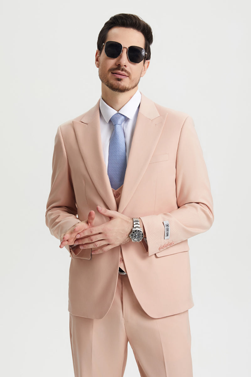 "Stacy Adams Suit  Men's Designer Suit - Beige, Vested One Button Peak Lapel"