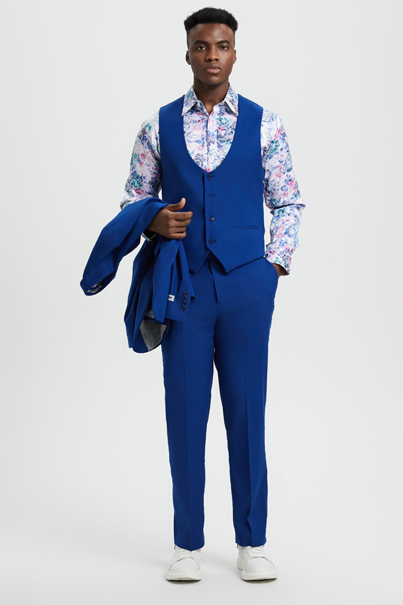 "Mens Stacy Adams Suit -Stacy Adams Suit Men's Indigo Blue Vested One Button Peak Lapel Suit" - 34 Regular