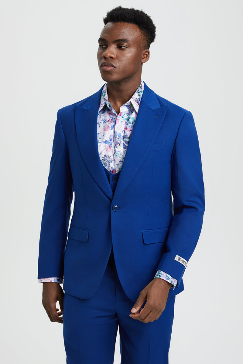 "Mens Stacy Adams Suit -Stacy Adams Suit Men's Indigo Blue Vested One Button Peak Lapel Suit" - 34 Regular