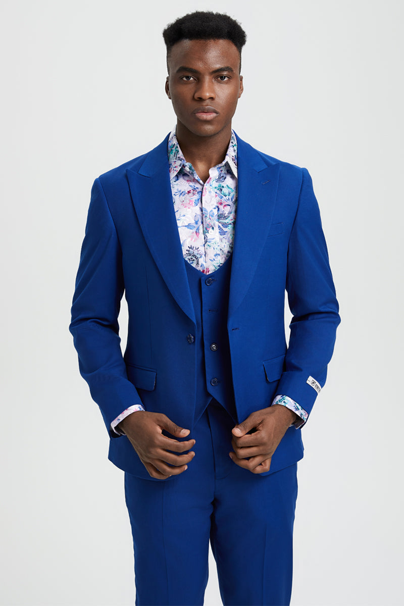 "Mens Stacy Adams Suit -Stacy Adams Suit Men's Indigo Blue Vested One Button Peak Lapel Suit" - 34 Regular