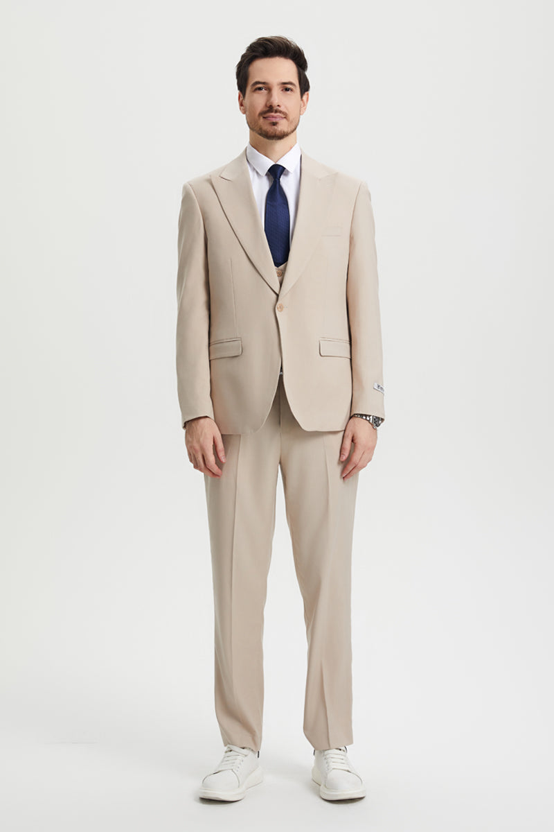 "Mens Stacy Adams Suit - Stacy Adams Suit Men's Designer Suit - Vested Two Button Notch Lapel in Tan" - 34 Regular