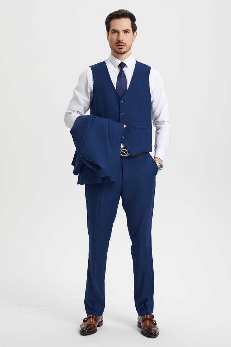 "Mens Stacy Adams Suit - Stacy Adams Suit Men's Two Button Vested Designer Suit in Indigo Blue" - 34 Regular
