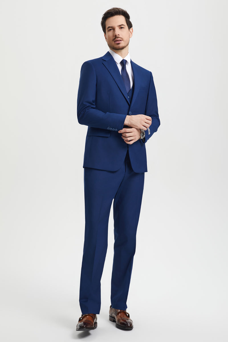 "Mens Stacy Adams Suit - Stacy Adams Suit Men's Two Button Vested Designer Suit in Indigo Blue" - 34 Regular