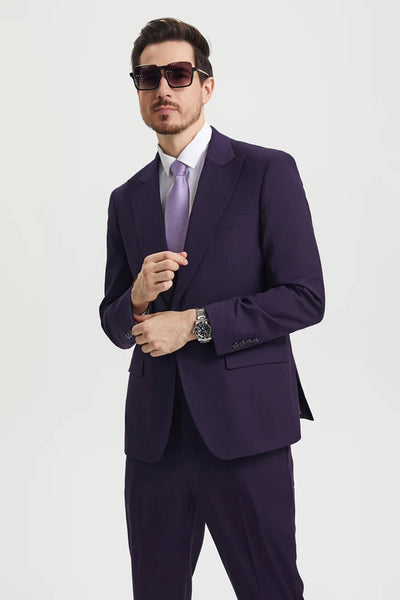 Cheap priced Suit- Men's Vested One Button Peak Lapel Stacy Adams Designer Eggplant Suit