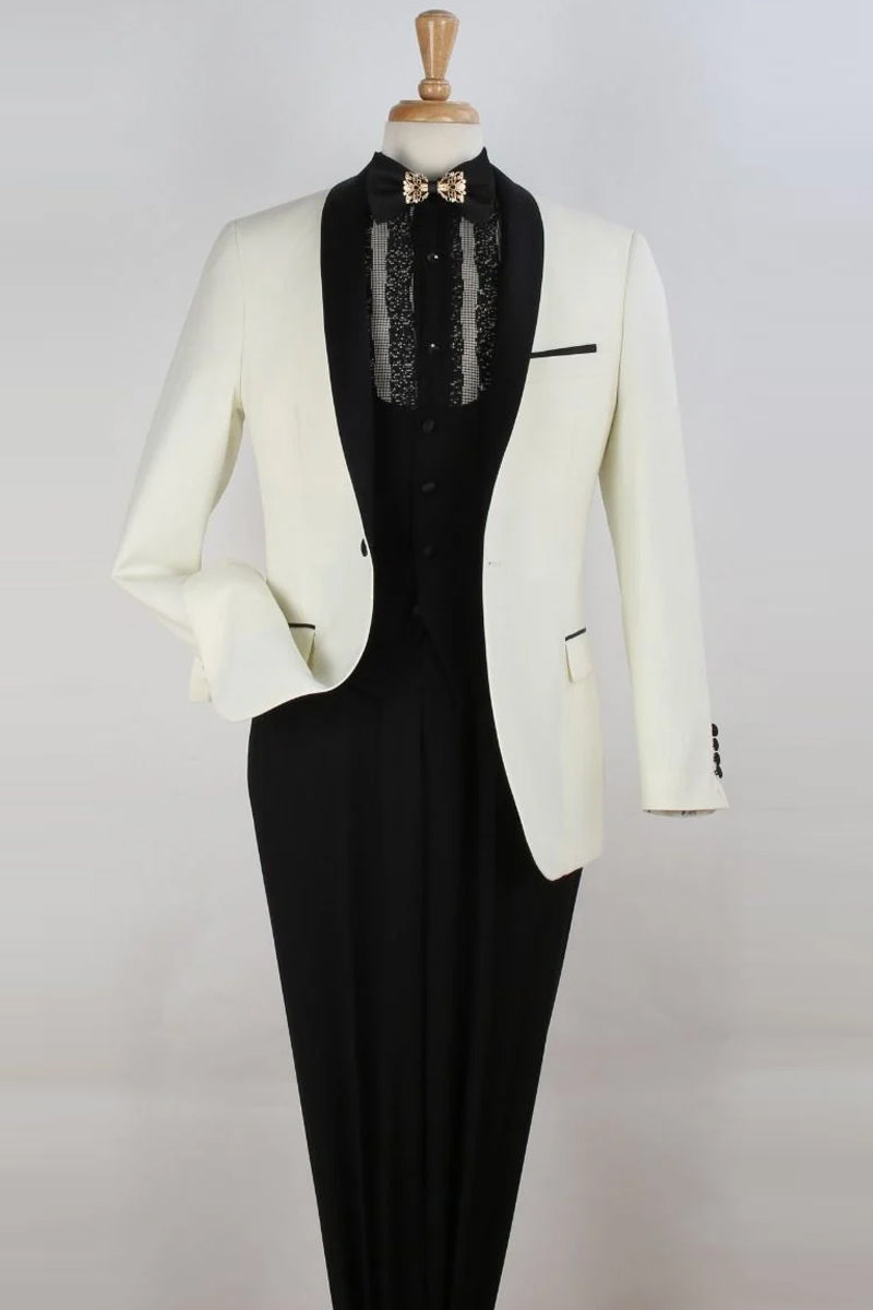 "Ivory Shawl Tuxedo: Men's 1-Button Scoop Vested Suit" - 34 Regular