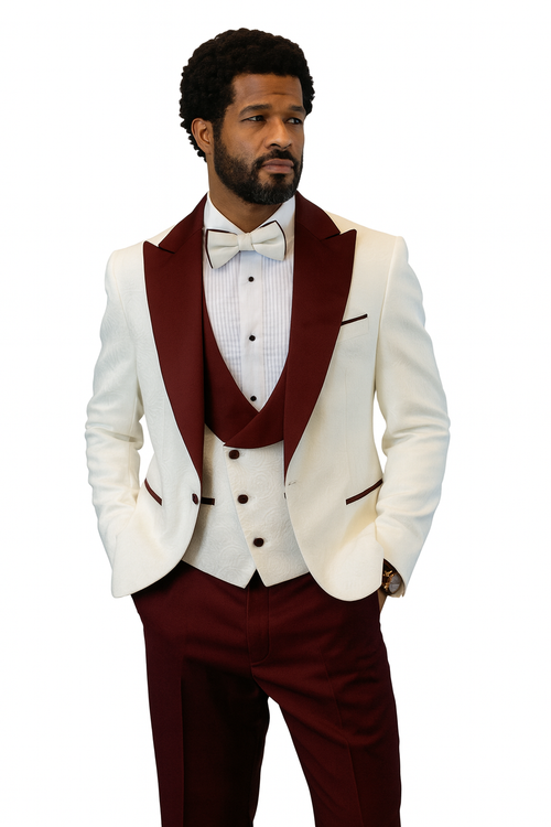 Hilton White and Burgundy Paisley Peak Lapel Tuxedo Jacket with Matching Shawl Vest and Wool Pants Includes Bow Tie