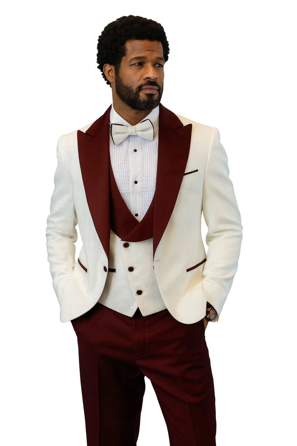 Hilton White and Burgundy Paisley Peak Lapel Tuxedo Jacket with Matching Shawl Vest and Wool Pants Includes Bow Tie