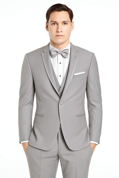 Mens Designer Marseille One Button Satin Trimmed Peak Tuxedo Light Grey