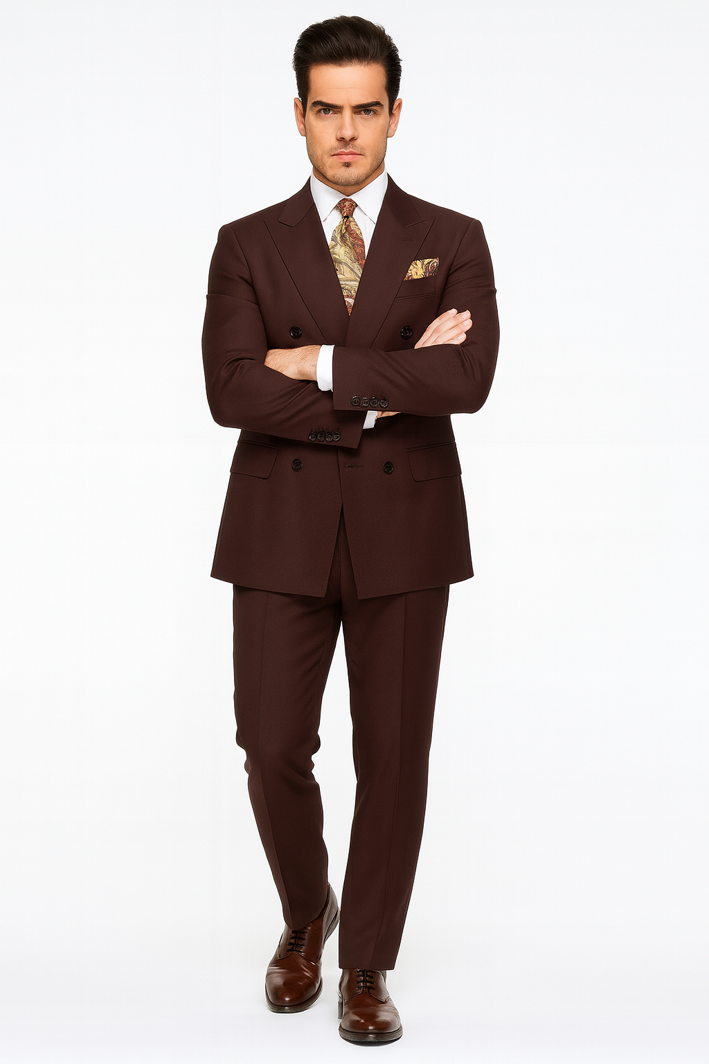 Double Breasted Suits - Vested Suits Wool Fabric - Apolo King Brand - Solid Brown Suit - Coat Size 38