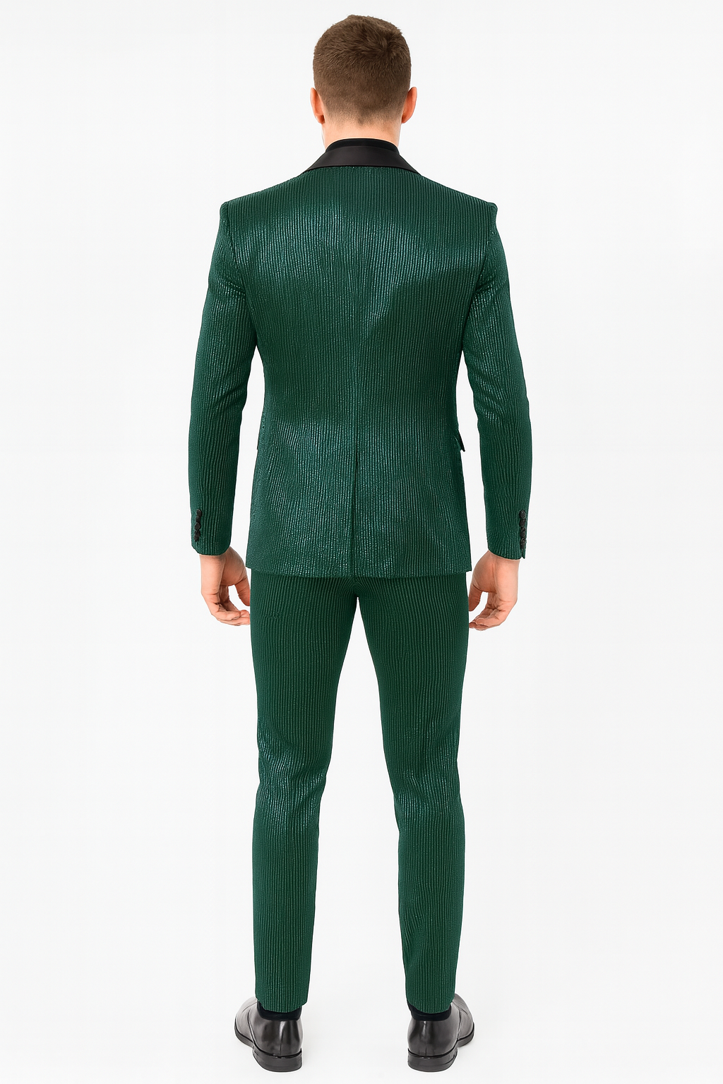 Mens Emerald Green Shiny Stripe Tuxedo Suit – Slim Fit 2-Piece Satin Lapel Dinner Jacket and Pants Ultra slim fit - 34 Short or Extra Small