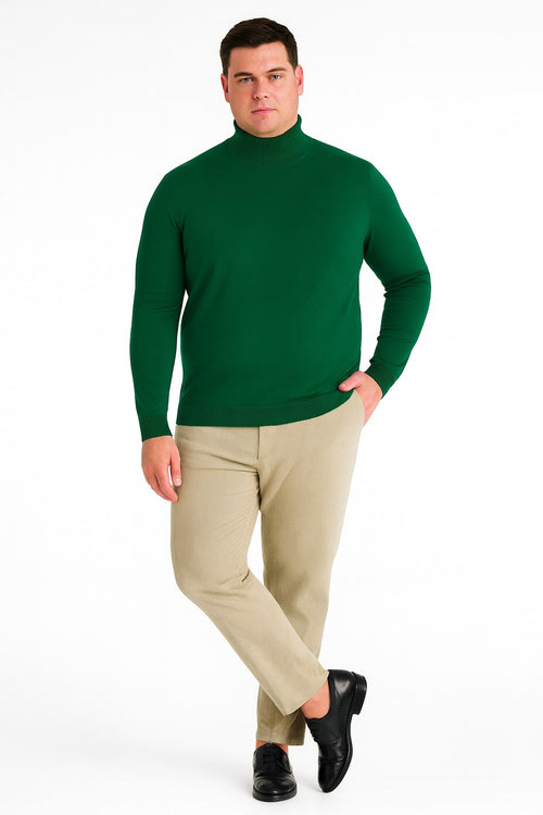 Mens Classic Emerald Green Turtleneck Sweater Slim Fit Knit Pullover