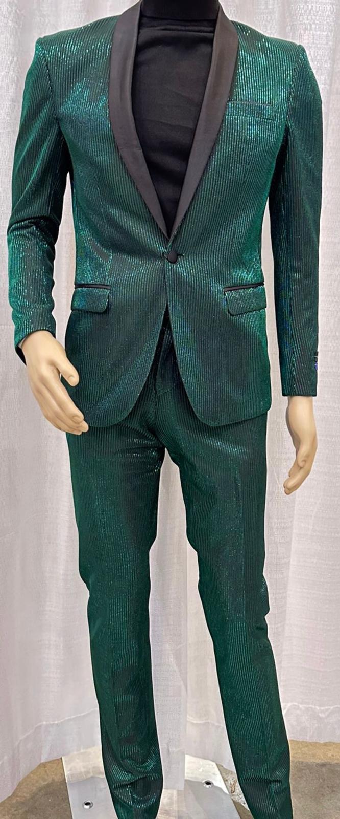 Mens Emerald Green Shiny Stripe Tuxedo Suit – Slim Fit 2-Piece Satin Lapel Dinner Jacket and Pants Ultra slim fit - 34 Short or Extra Small