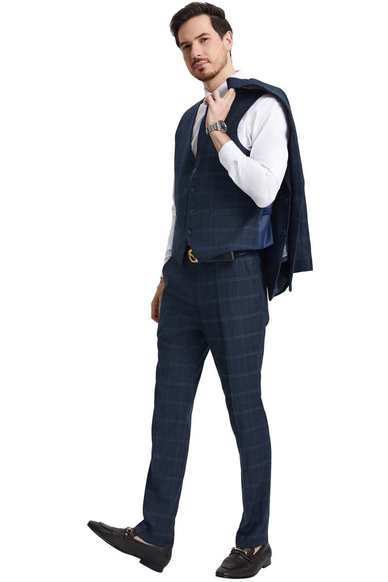 Men's Stacy Adams Vested Modern Fit Windowpane Plaid Suit in Navy Blue - 38 Regular