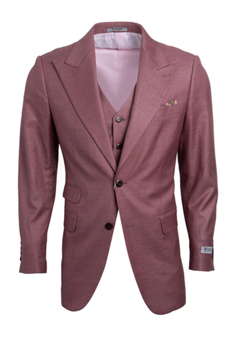 "Stacy Adams Men's Sharkskin Suit - One Button Peak Lapel Vested in Salmon Pink"