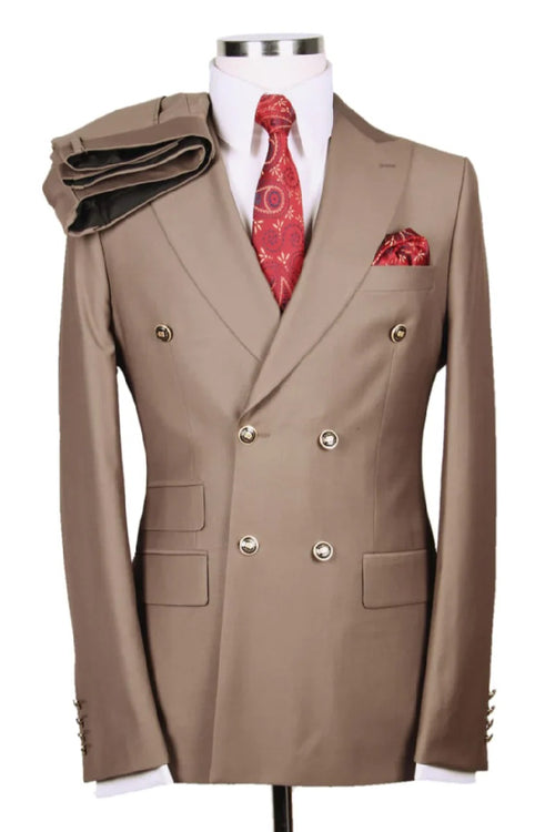 Best Mens Designer Modern Fit Double Breasted Wool Suit with Gold Buttons in Tan - For Men Fashion Perfect For Wedding or Prom 2026 or Business or Church