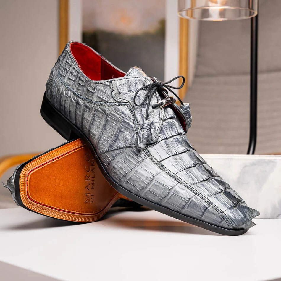Marco Di Milano Cancun Men's Shoes Gray Exotic Hornback Crocodile Skin Derby Oxfords - 9.5