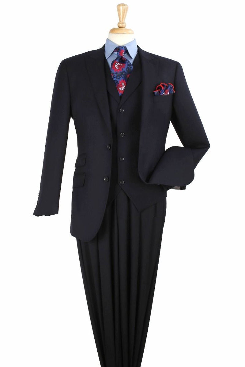 "Navy Blue Men's Wool Suit with Double Breasted Vest - Two Button Classic" - 38 Regular