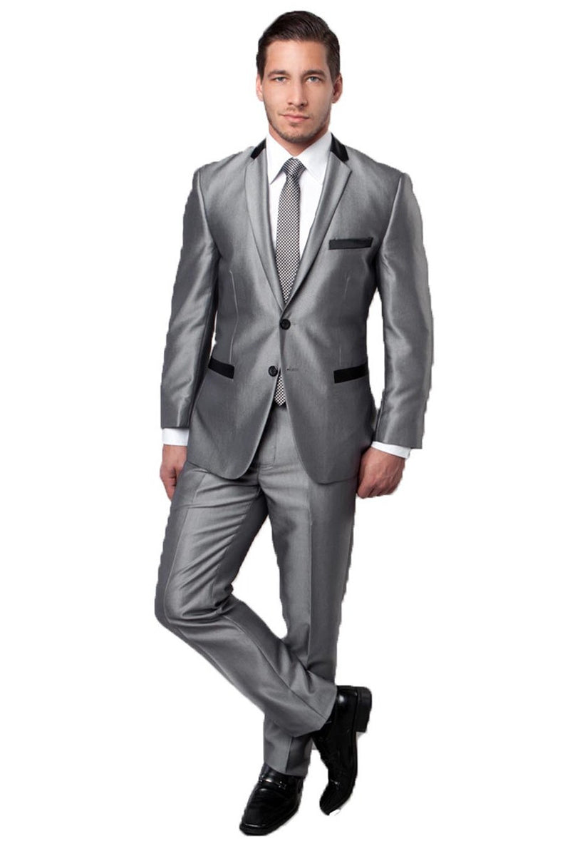 "Sharkskin Slim Fit Men's Suit - Two Button, Silver Grey, Contrast Collar & Trim" - 34 Short
