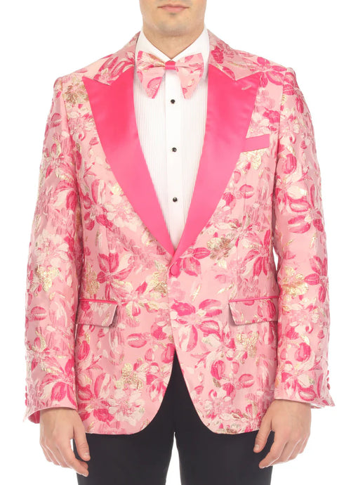 Men’s Drake Fuchsia Floral Tuxedo Blazer – Slim Fit Peak Lapel 1 Button Prom Dinner Jacket for Weddings & Formal Events