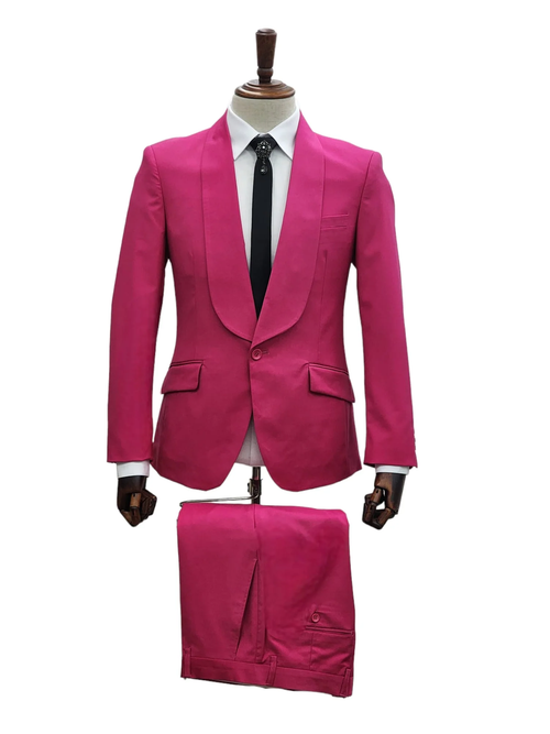 Mens Fuchsia Pink 2-Piece Slim Fit Suit 1 Button Shawl Lapel with Flat Front Pants