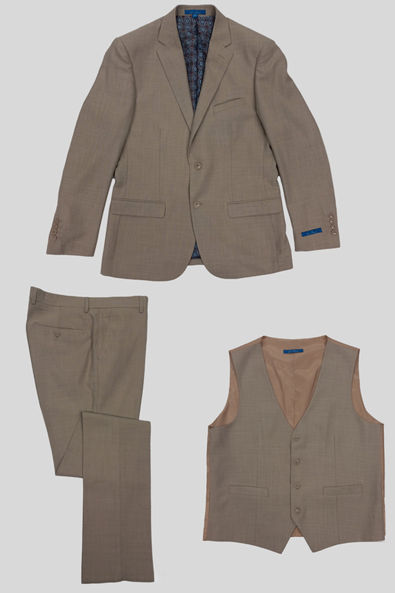 "Sharkskin Men's Hybrid Fit Two Button Vested Business & Wedding Suit - Tan" - 34 Short